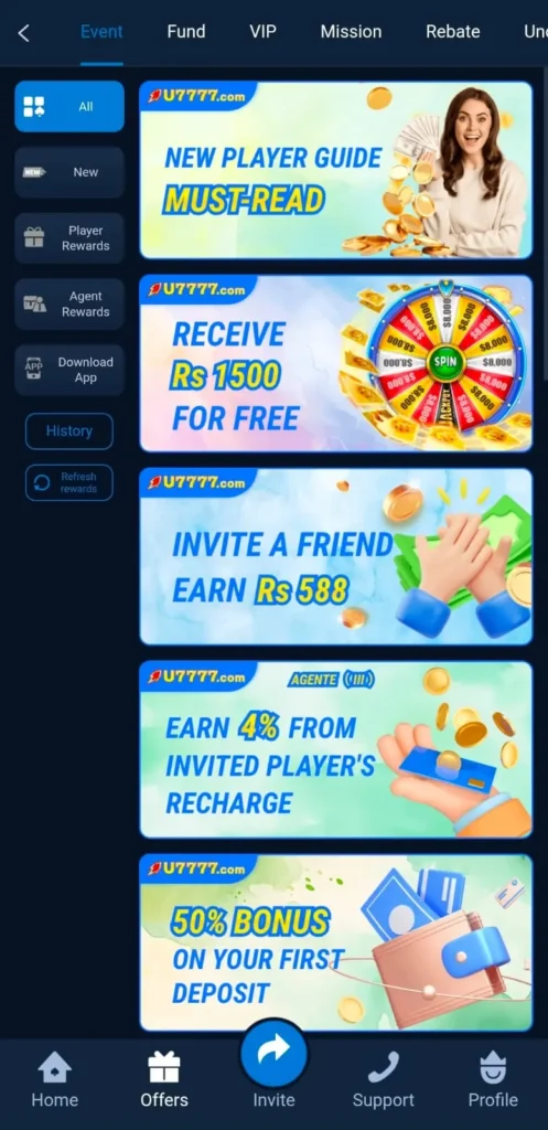 U7777 Game screenshot image showing daily login bonus, welcome bonus banners, and referral rewards.