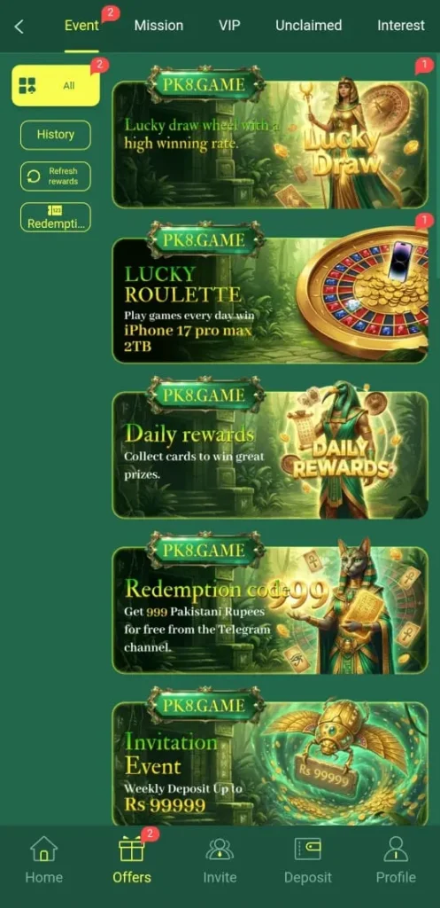 Daily Bonuses in PK8 Game