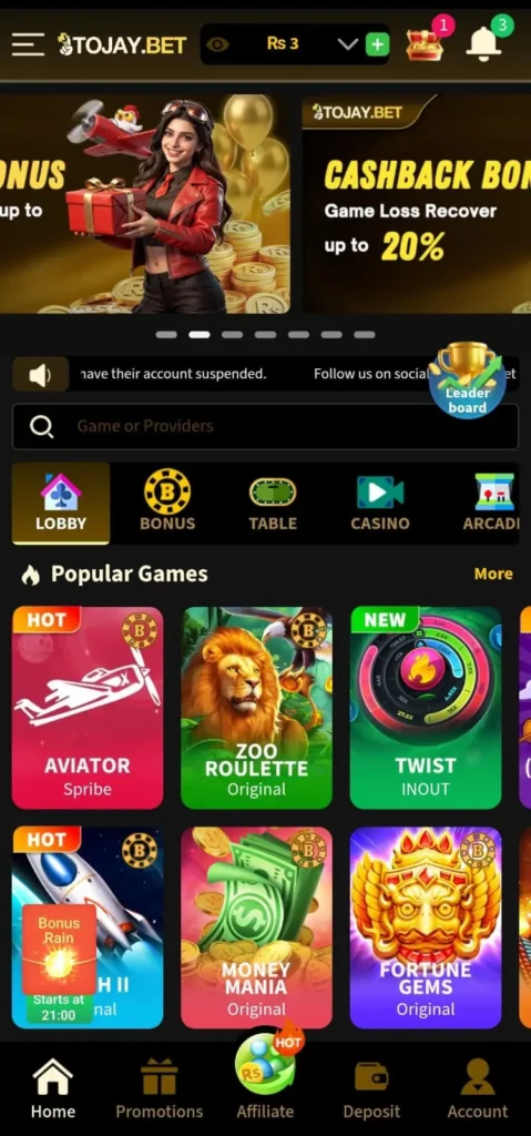 TOJAYBET Game interface screenshot image, which shows Games.