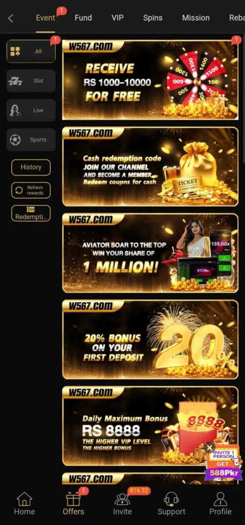 Daily Bonuses in W567 Game.