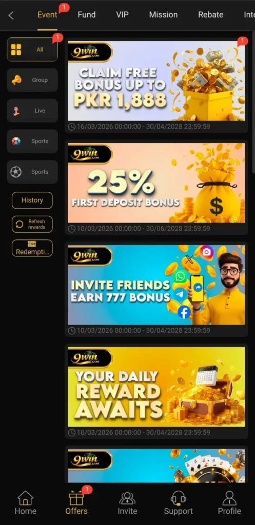 Claim Daily Bonuses on 9Win Game.
