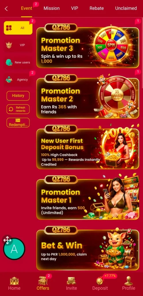 Daily Bonuses on QZ786 Game.