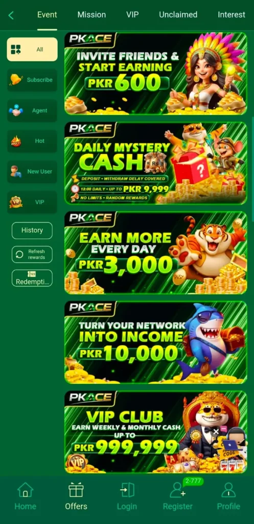 Daily Bonuses on PK Ace Game.