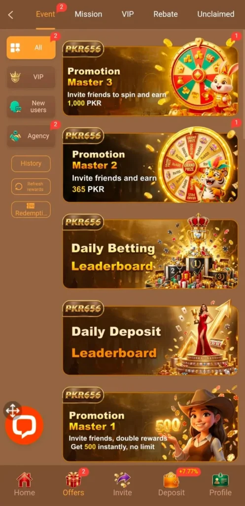 Daily Bonuses on PKR656 Game.